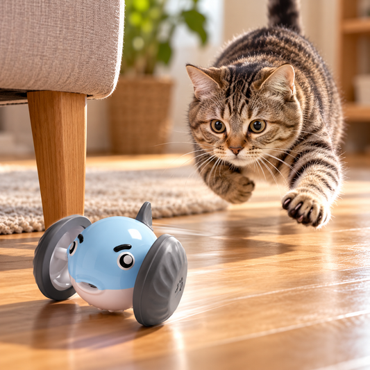 Cat chasing the Suzeno Pounce Toy across the floor