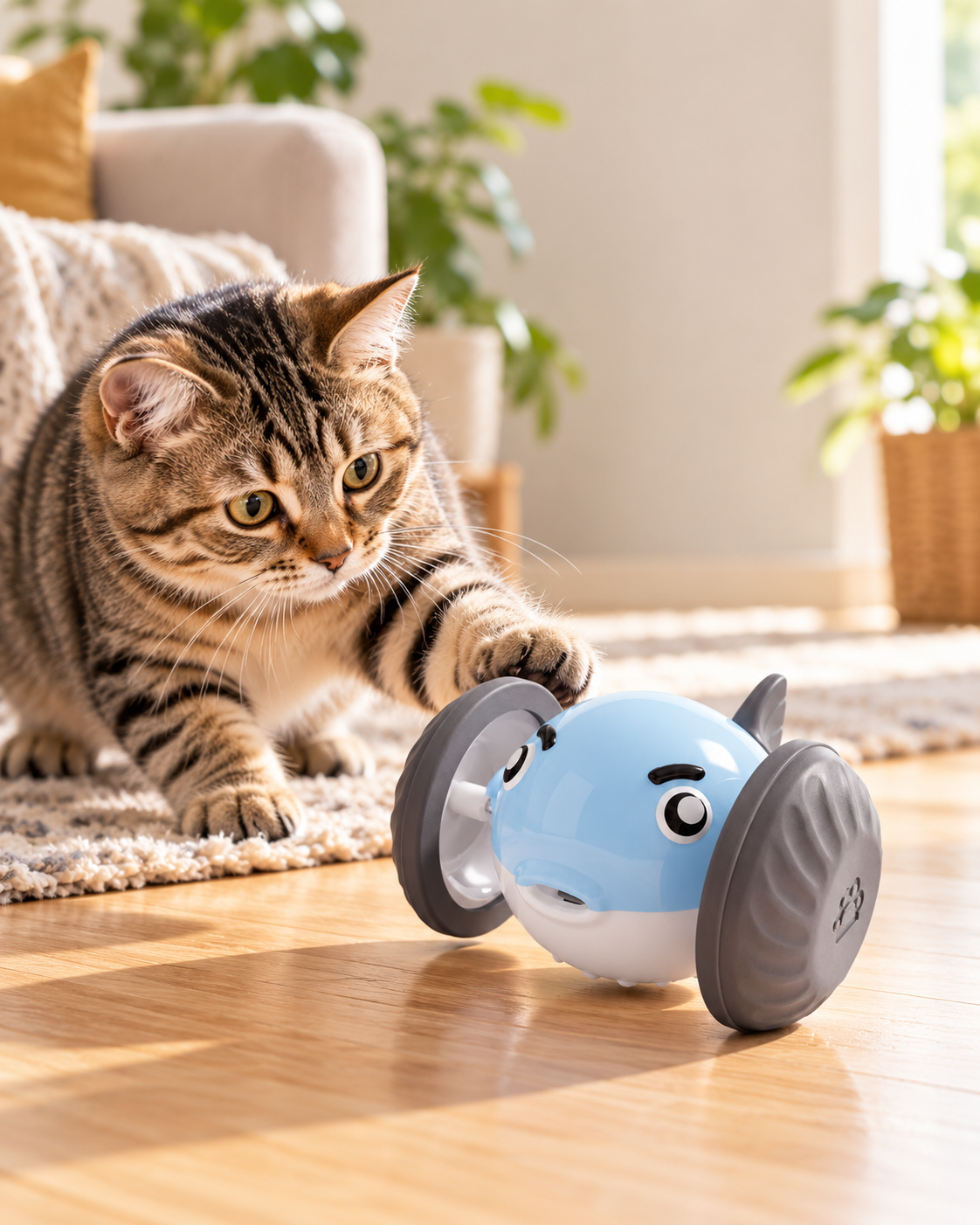 Suzeno Pounce Toy, interactive pufferfish cat toy car