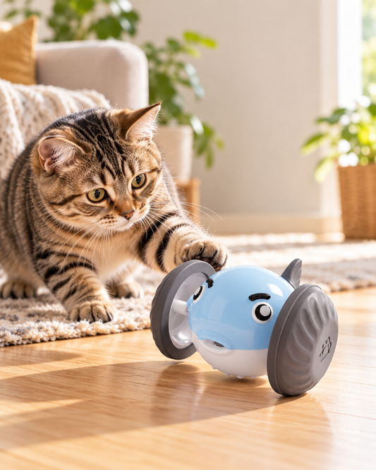 Suzeno Pounce Toy, interactive pufferfish cat toy car