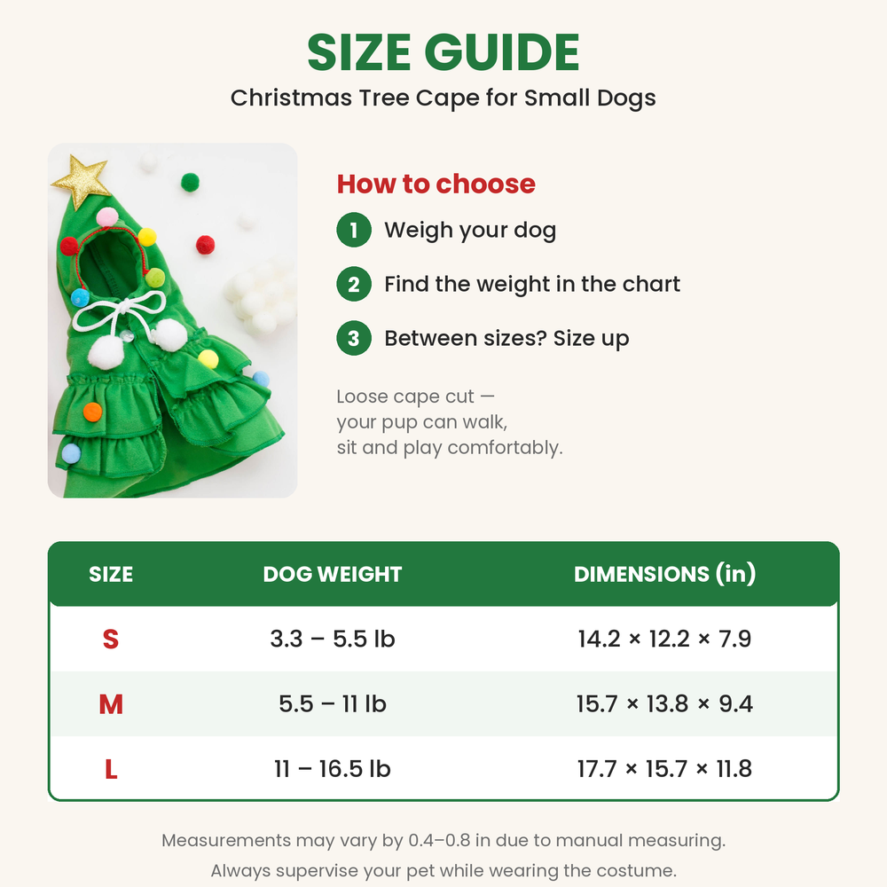 Star Cape size guide: S 3.3–5.5 lb, M 5.5–11 lb, L 11–16.5 lb