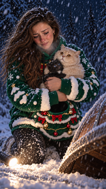 Cat cuddled in the front pouch of the Cuddle Hoodie on a snowy night