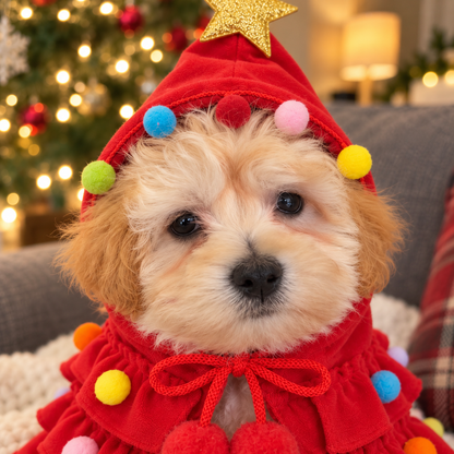 Close-up of a puppy in the Santa Red Star Cape with drawstring bow and pom-poms