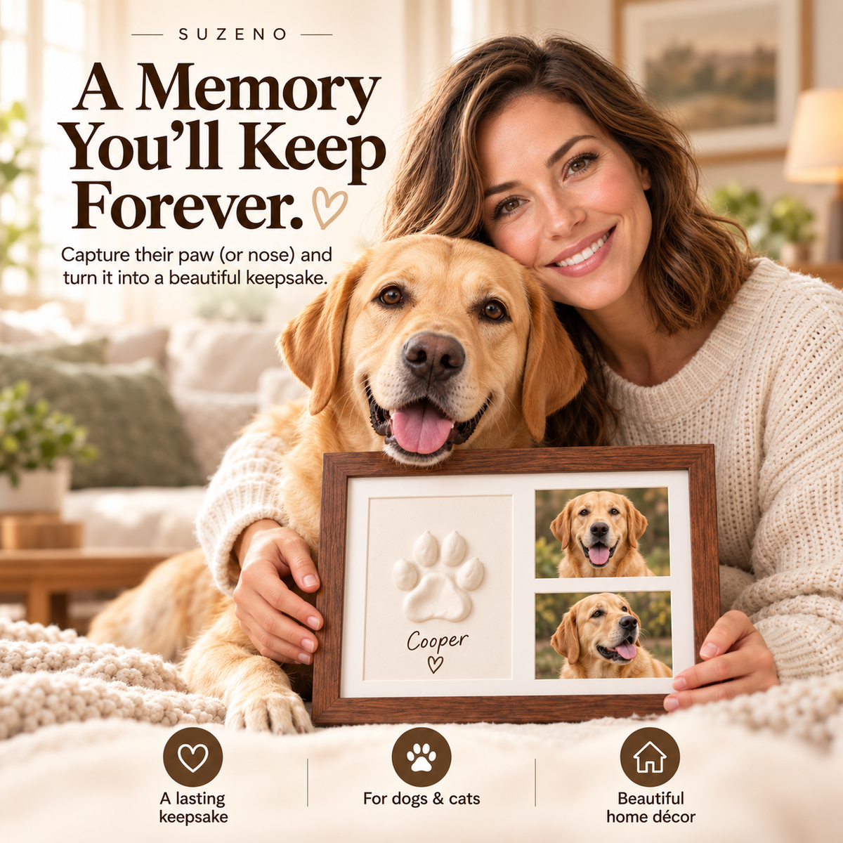 Suzeno Forever Paw Kit – woman and golden retriever holding a framed clay paw print with two dog photos
