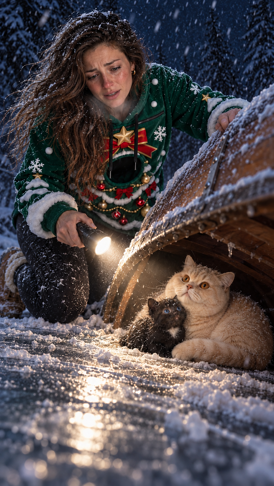 Cat snuggled in the Cuddle Hoodie pet pouch in winter