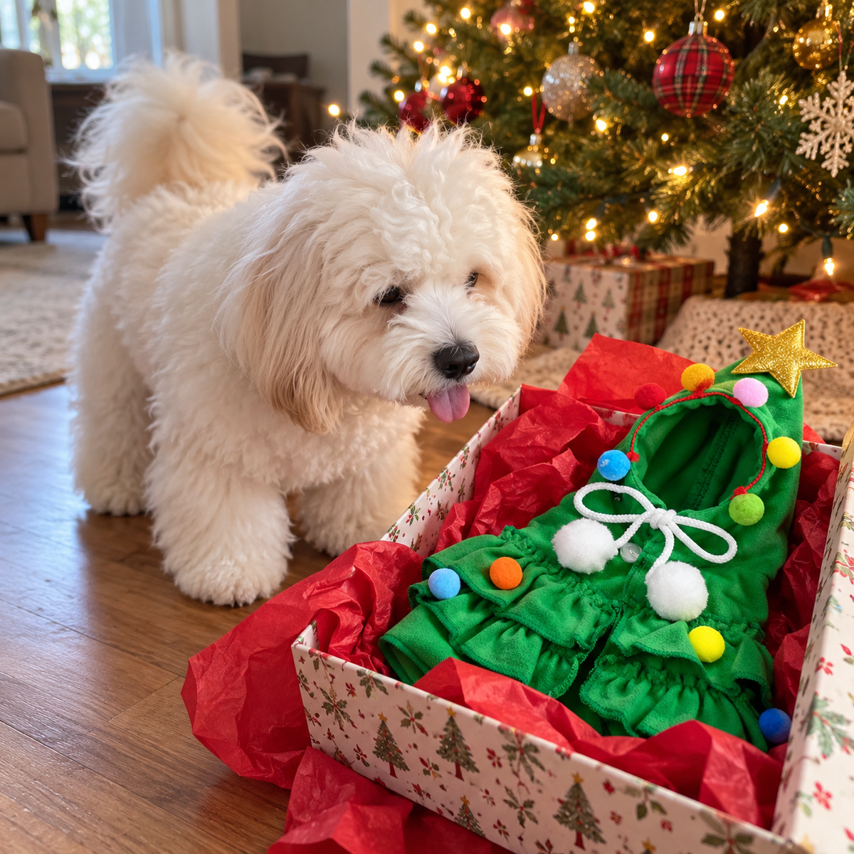 Tree Green Star Cape in a Christmas gift box next to a fluffy white dog