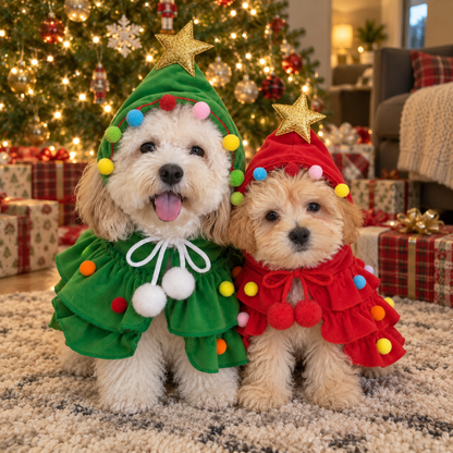 Two small dogs wearing the Star Cape in Tree Green and Santa Red by a Christmas tree