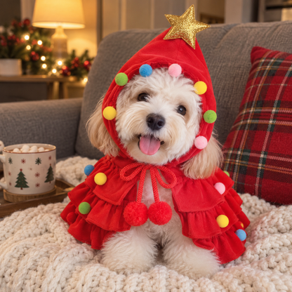 Dog wearing the Santa Red Star Cape on a cozy sofa