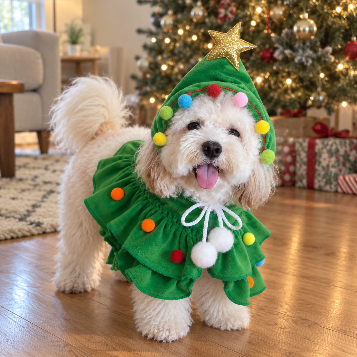 Fluffy dog wearing the Tree Green Star Cape with a gold star hood and colorful pom-poms